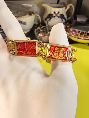 Gold-Tone Red Parisian Eiffel Tower Link Bracelet